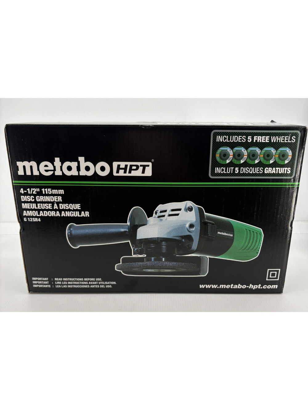 Metabo HPT G12SR4 4-1/2 In 6.2A Angle Grinder Kit With Case 5 Wheels Open Box